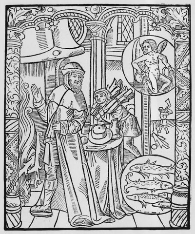 2月、インテリアシーン、水瓶座、 &39;Almanach des Bergers&39;のイラスト、1491（木版画） 作： Pierre Le Rouge